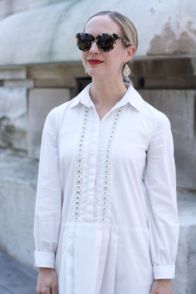 white shirtdress, red shoes and red lips