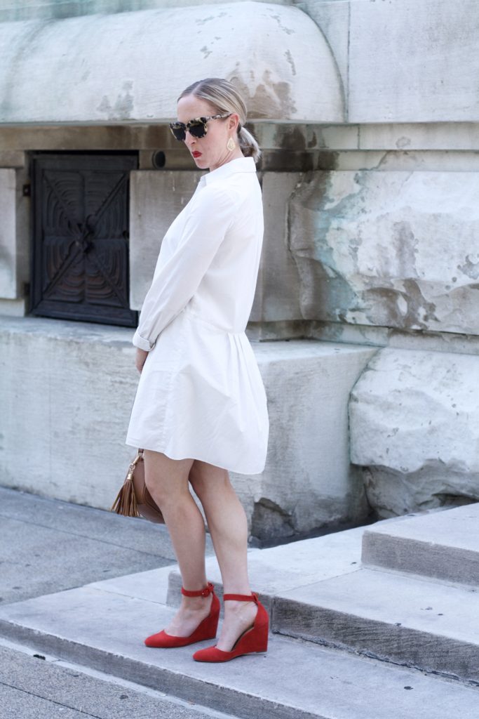white shirtdress, red shoes and red lips