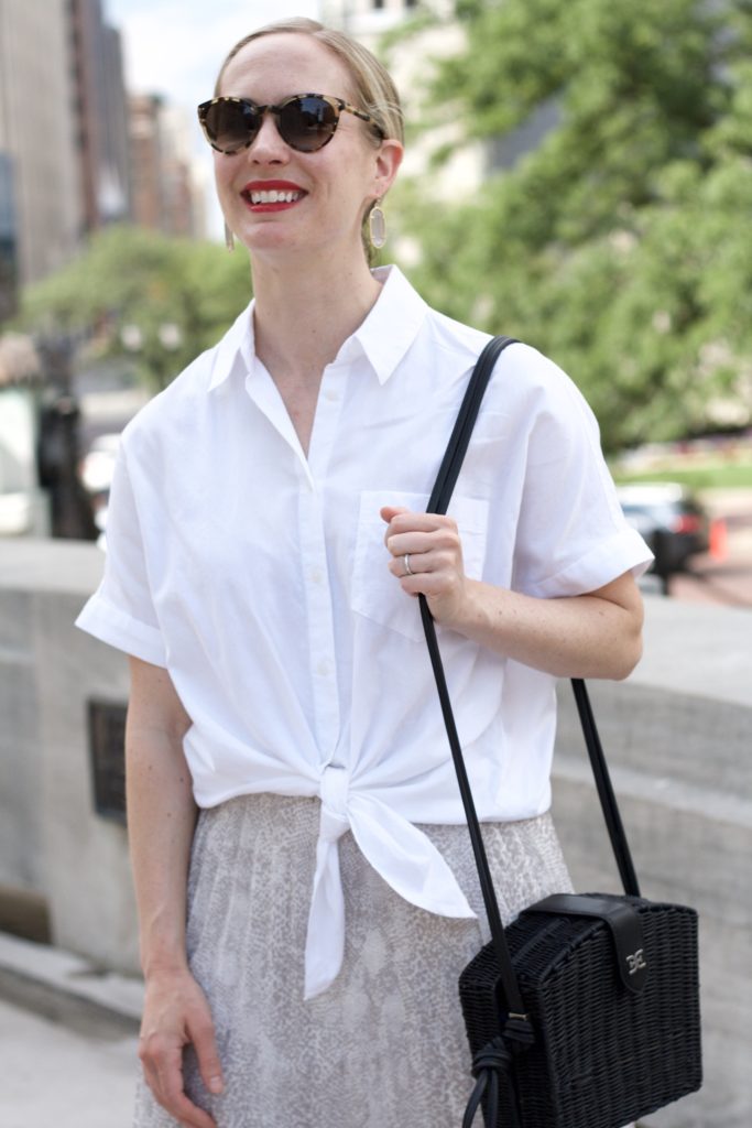 midi skirt, tie front shirt, straw bag