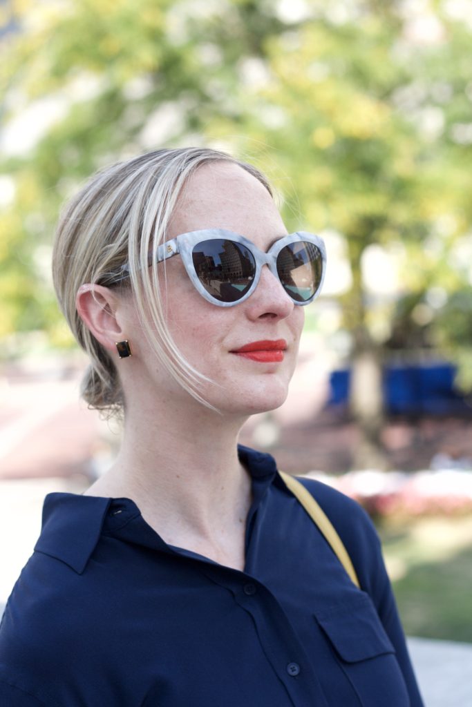 silk blouse, striped skirt, Everlane loafers, mustard bag, Balenciaga sunglasses