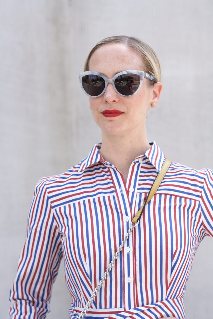 striped shirtdress, Rebecca Minkoff Love bag, Balenciaga cateye sunglasses