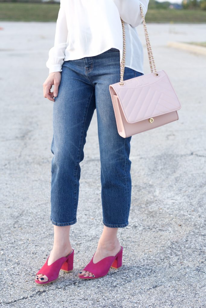 Sezane silk top, Madewell cropped jeans, Tory Burch chain strap bag