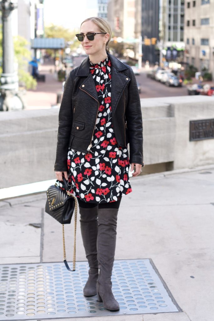 kate spade dress, tights and over-the-knee boots, ysl college bag
