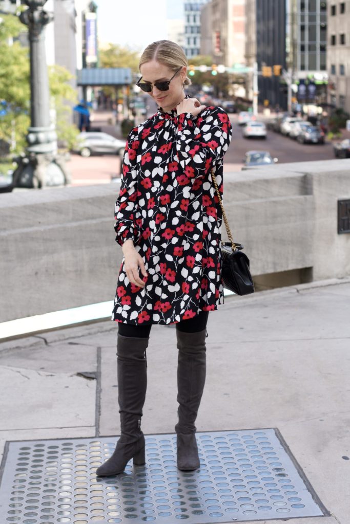 kate spade dress, tights and over-the-knee boots, ysl college bag