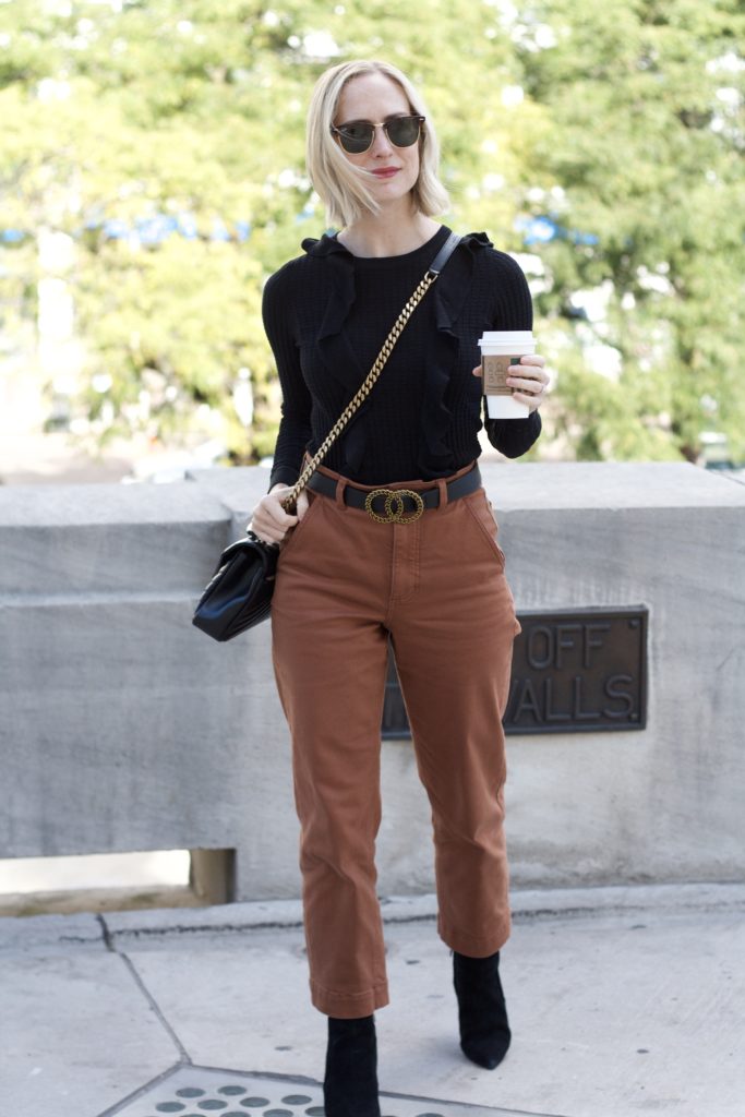 black and brown, cropped pants with ankle boots