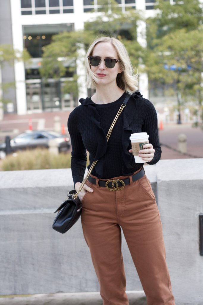 black and brown, cropped pants with ankle boots