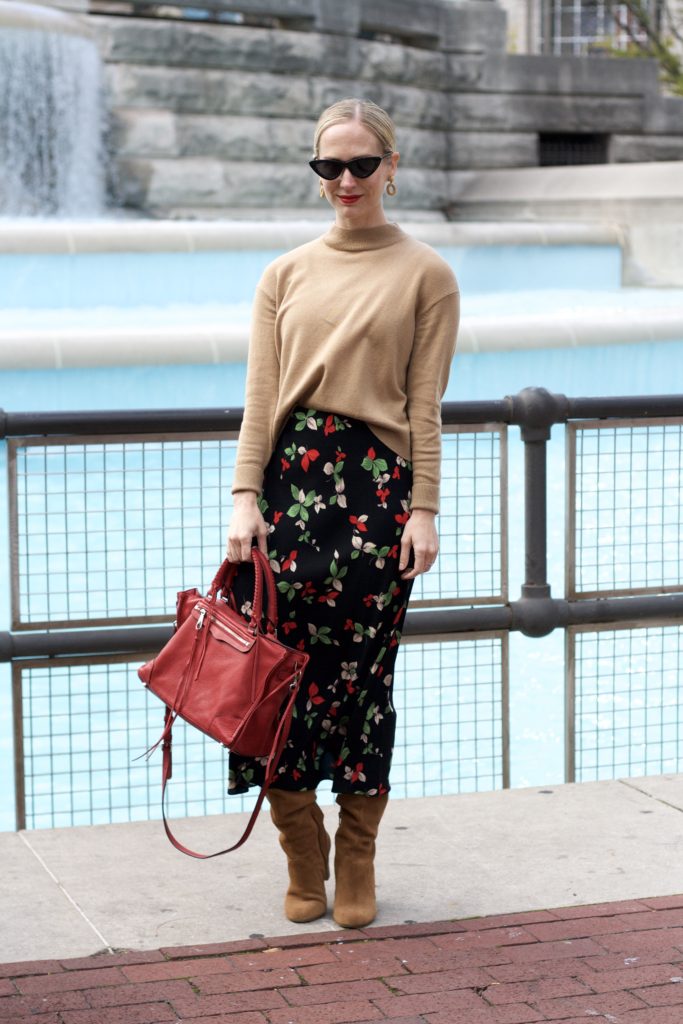 Everlane cashmere, midi skirt with tall boots, retro sunglasses, Le specs adam