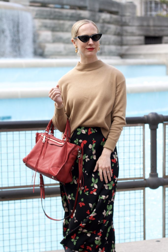 Everlane cashmere, midi skirt with tall boots, retro sunglasses, Le specs adam