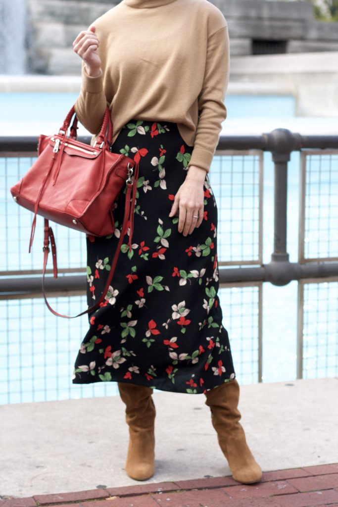 Everlane cashmere, midi skirt with tall boots, retro sunglasses, Le specs adam