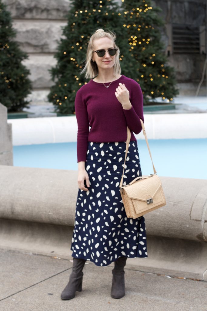 long skirt with boots, sustainable fashion, cashmere, fake tucked sweater