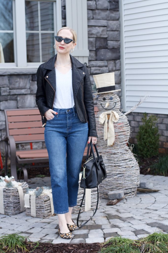 faux leather jacket, Rothys pointy flats, Le Specs, Karl Lagerfeld bag