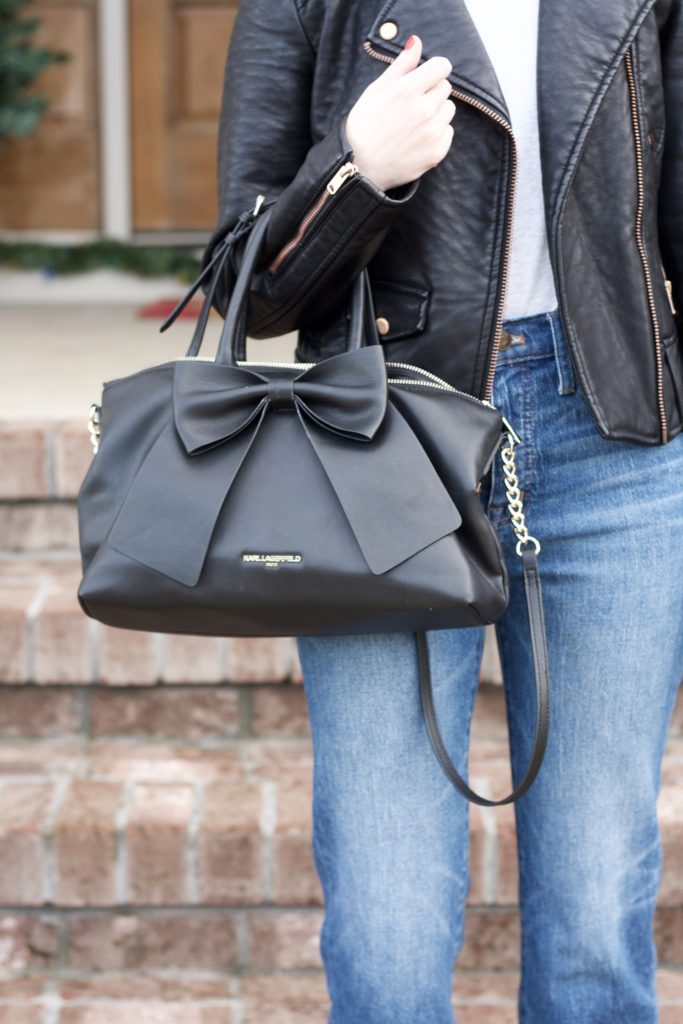 faux leather jacket, Rothys pointy flats, Le Specs, Karl Lagerfeld bag