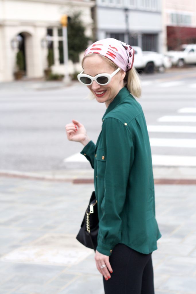 silk head scarf, raen retro sunglasses, Karl Lagerfeld bow bag
