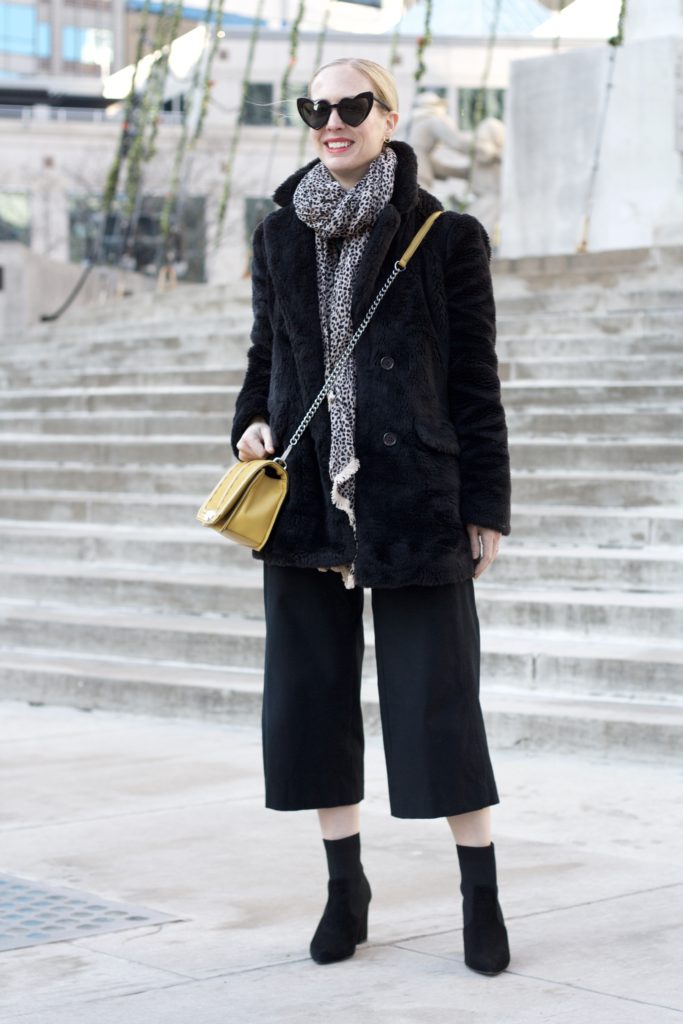 amour vert, cropped pants with ankle boots, teddy coat
