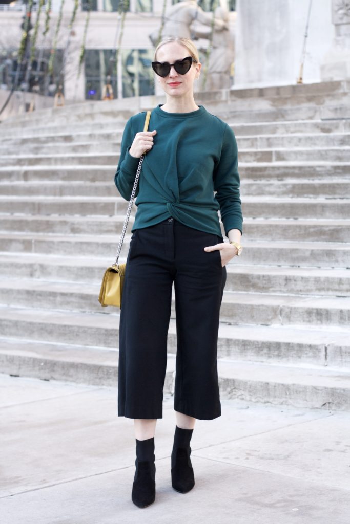 amour vert, cropped pants with ankle boots, teddy coat