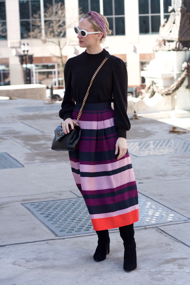midi skirt, velvet headband, long skirt and boots