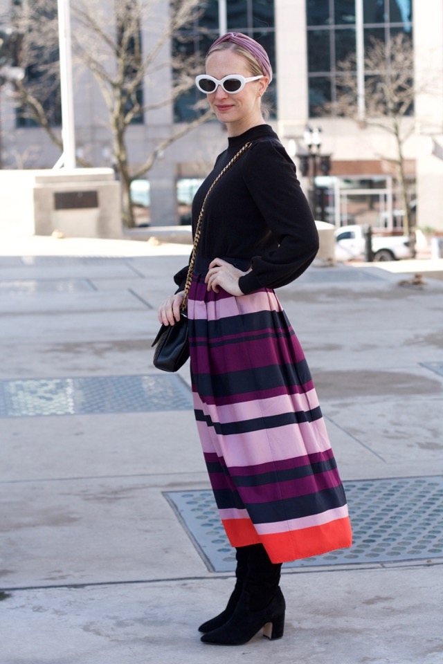 midi skirt, velvet headband, long skirt and boots