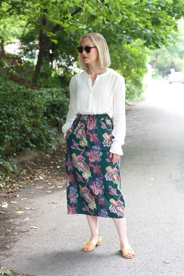 thrifted outfit, Tibi skirt, peasant top, spring work look