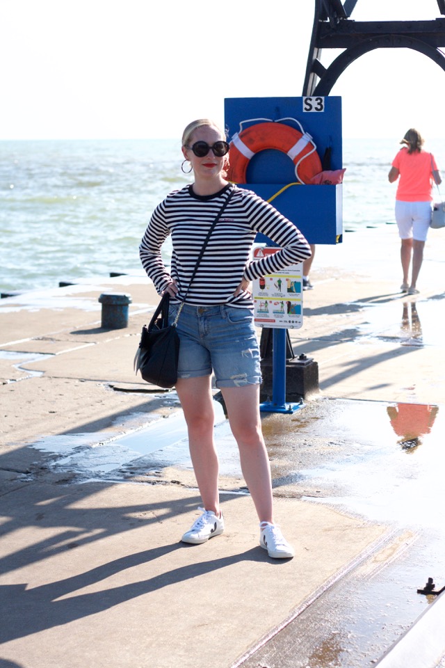 veja sneakers, striped tee, long sleeves with shorts, south haven michigan, lake michigan travel