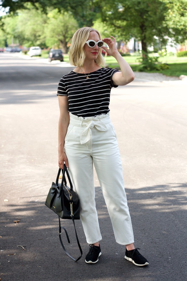 white paperbag waist jeans, Cole Haan sneakers, retro sunglasses