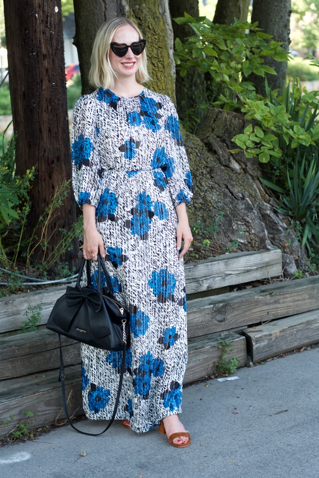 floral maxi dress, Nisolo sandals, sustainable face mask