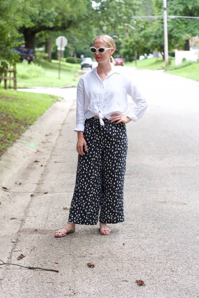 amour vert, silk pants, white linen shirt, work from home outfit