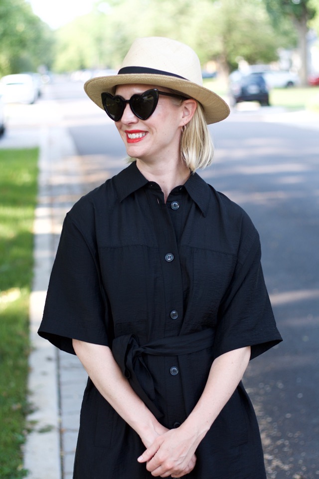 cupro dress and other stories, panama hat, YSL heart sunglasses