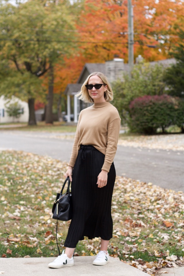 cashmere camel sweater, veja sneakers, maxi skirt with sneakers
