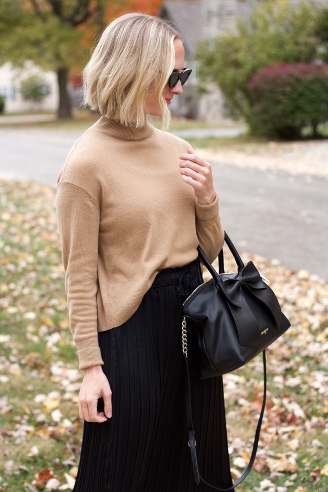 cashmere camel sweater, veja sneakers, maxi skirt with sneakers