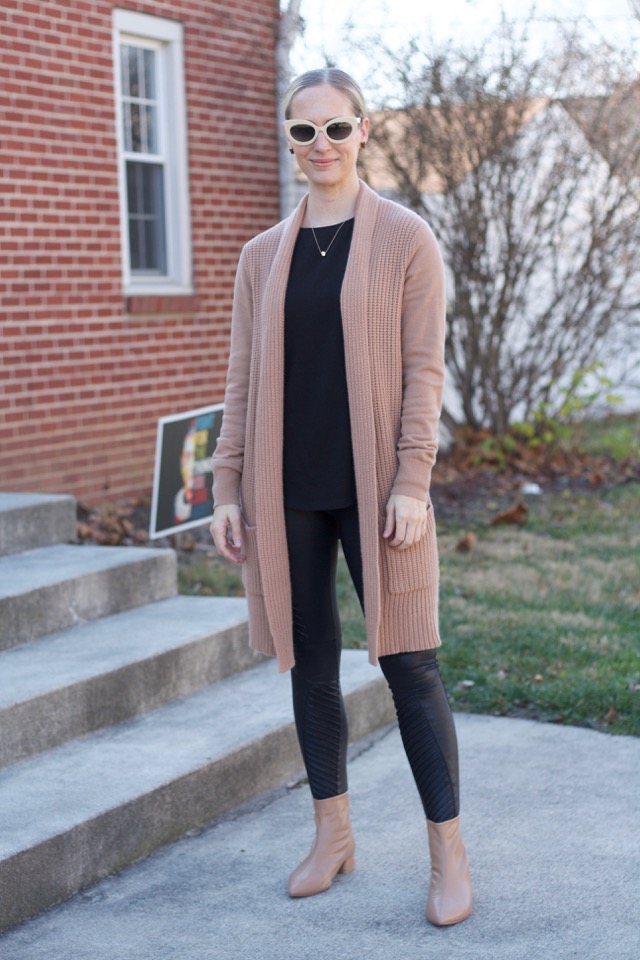 spanx  moto leggings, camel cardigan, nude ankle boots