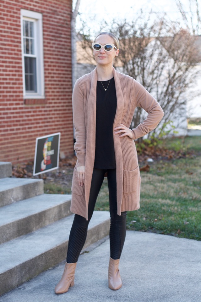 spanx moto leggings, camel cardigan, nude ankle boots