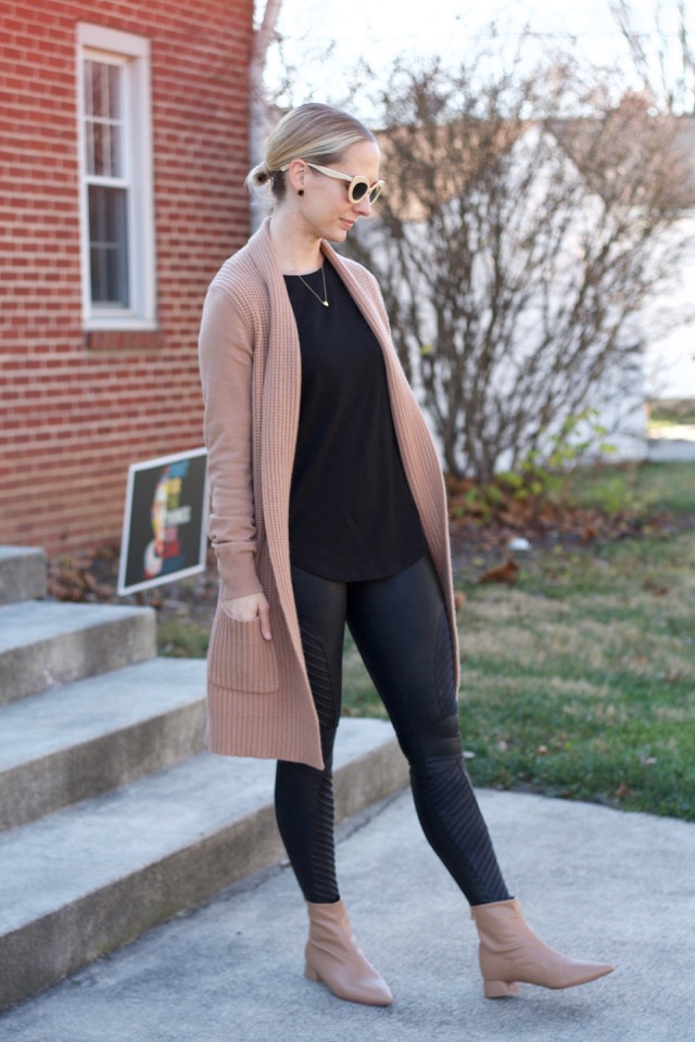 spanx moto leggings, camel cardigan, nude ankle boots
