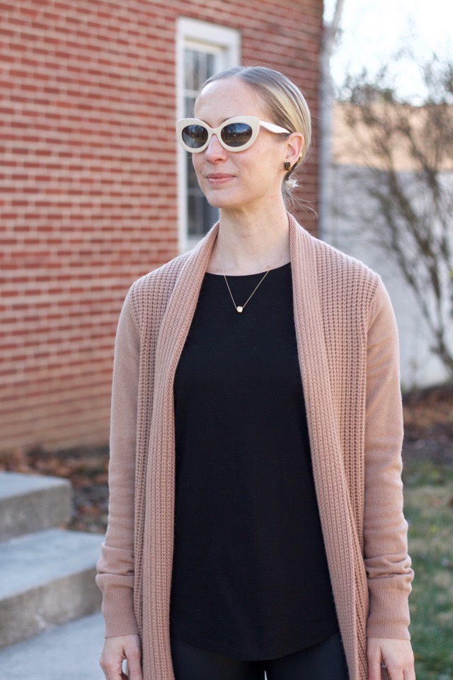 spanx moto leggings, camel cardigan, nude ankle boots