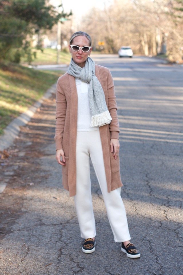 leze the label pants, michael kors camel cardigan, monochrome outfit