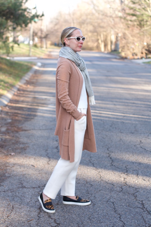 leze the label pants, michael kors camel cardigan, monochrome outfit