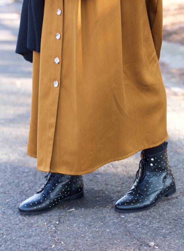 maxi skirt, beanie, feminine combat boots outfit