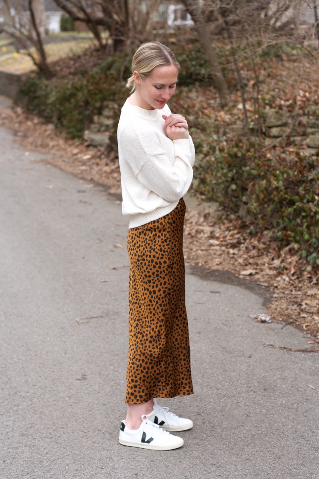 olive khaki trench coat, animal print maxi skirt
