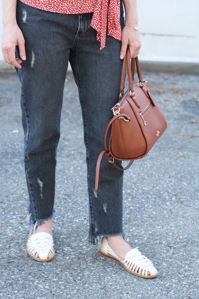 floral blouse, Mott & Bow mom jeans, Nisolo huarache, Anine Bing sunglasses