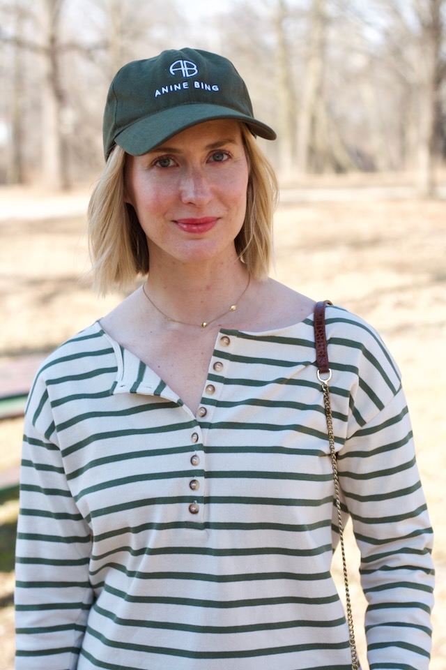 Sezane striped shirt, Anine Bing cap, Madewell perfect vintage jeans, sustainable fashion brands
