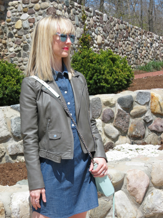 chambray dress, gray faux leather jacket, New Balance sneakers, mint Rebecca Minkoff MAC bag