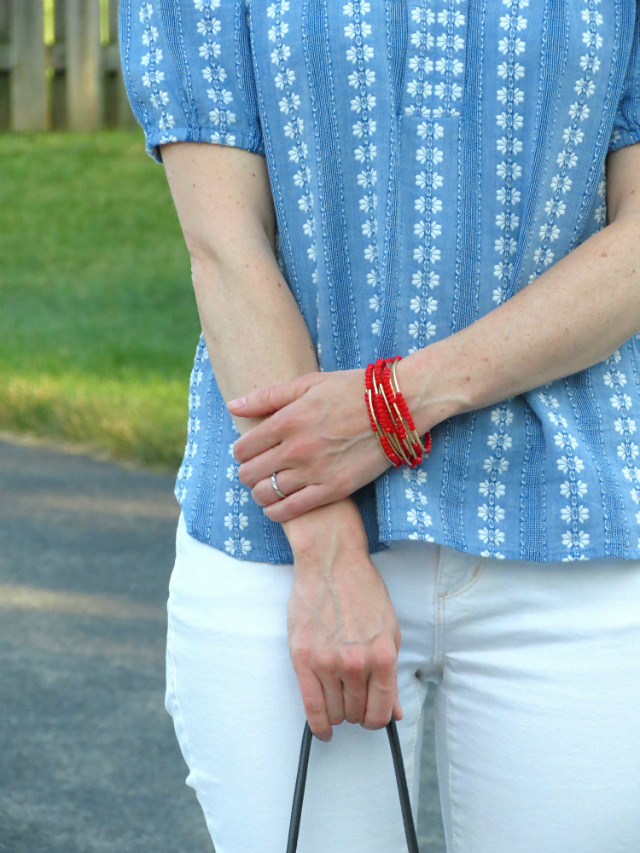 embroidered top, white skinny jeans, bucket bag, leather cap-toe espadrilles, coral bracelet stack