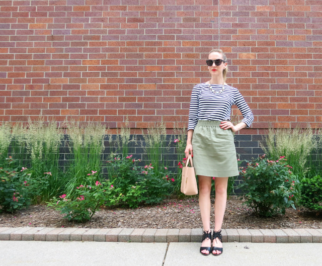 olive linen skirt, striped boatneck tee, low heel sandals with ankle ties