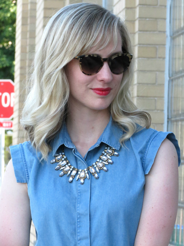 denim on denim outfit, gold sandals, polka dot clutch, Indianapolis style blog