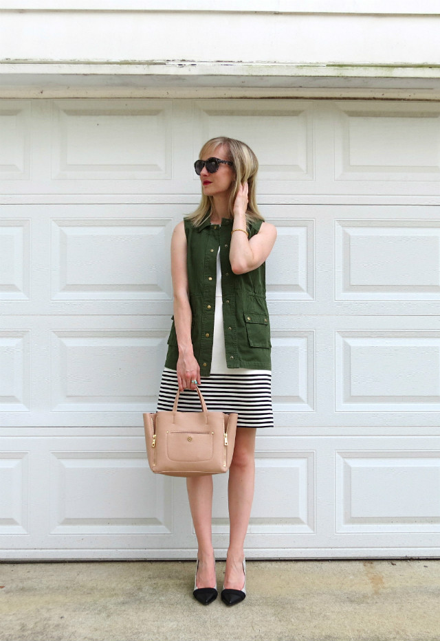 army green cargo vest, Madewell striped dress, cap toe pumps outfit, Indianapolis lawyer style blog