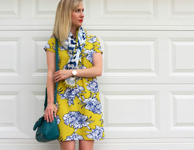 chartreuse floral shift dress, chevron scarf, how to wear mixed prints, Skagen watch, Target crossbody satchel