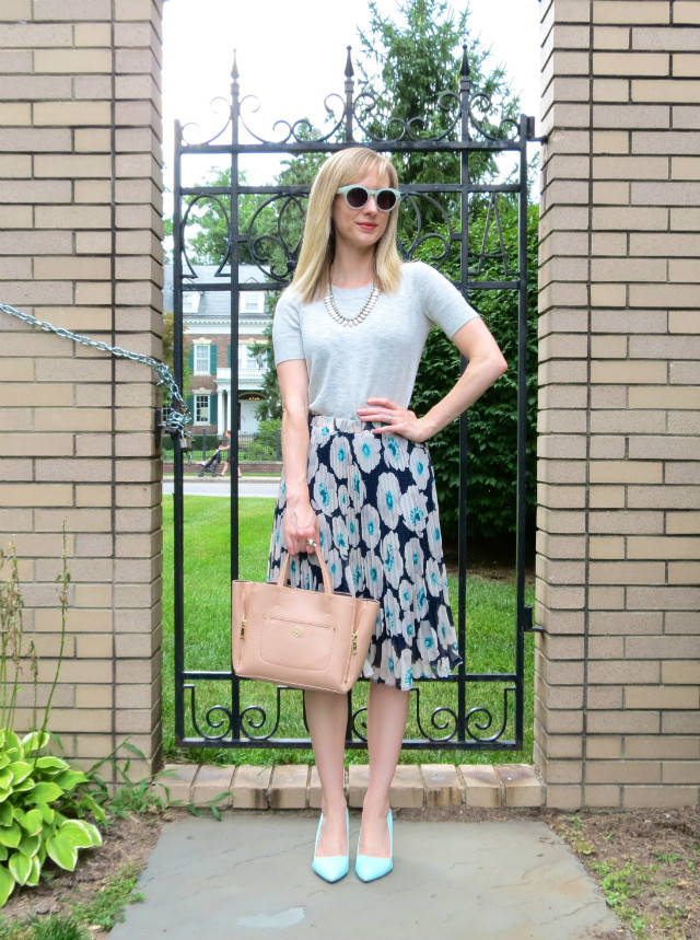 pleated midi skirt, mint heels outfit