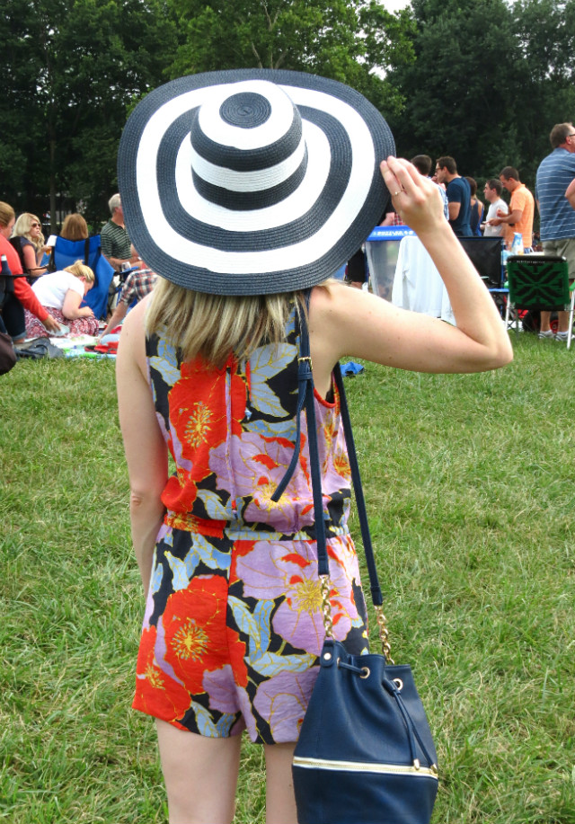 Loft romper, striped hat Merona, rose gold jewelry, ISO Symphony on the Prairie