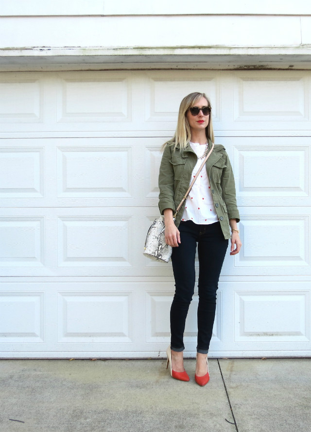 white embroidered shirt, olive army utility jacket, bucket bag, French Connection colorblock pumps