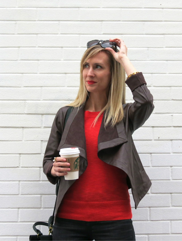 black distressed skinny jeans, haircalf speckled flats, orange sweater, brown leather jacket