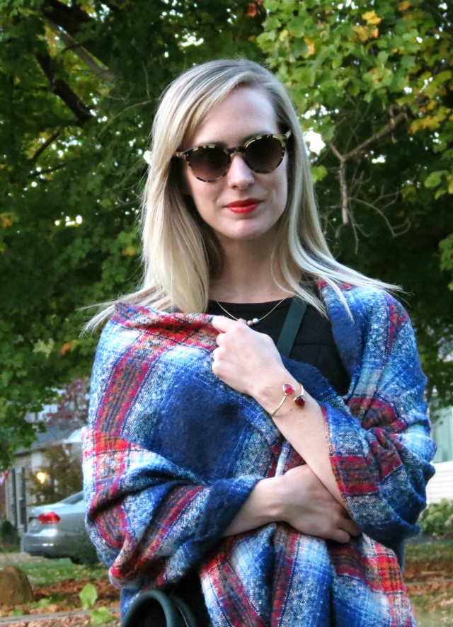 how to wear a blanket scarf, LBD, red bow pumps Michael Kors